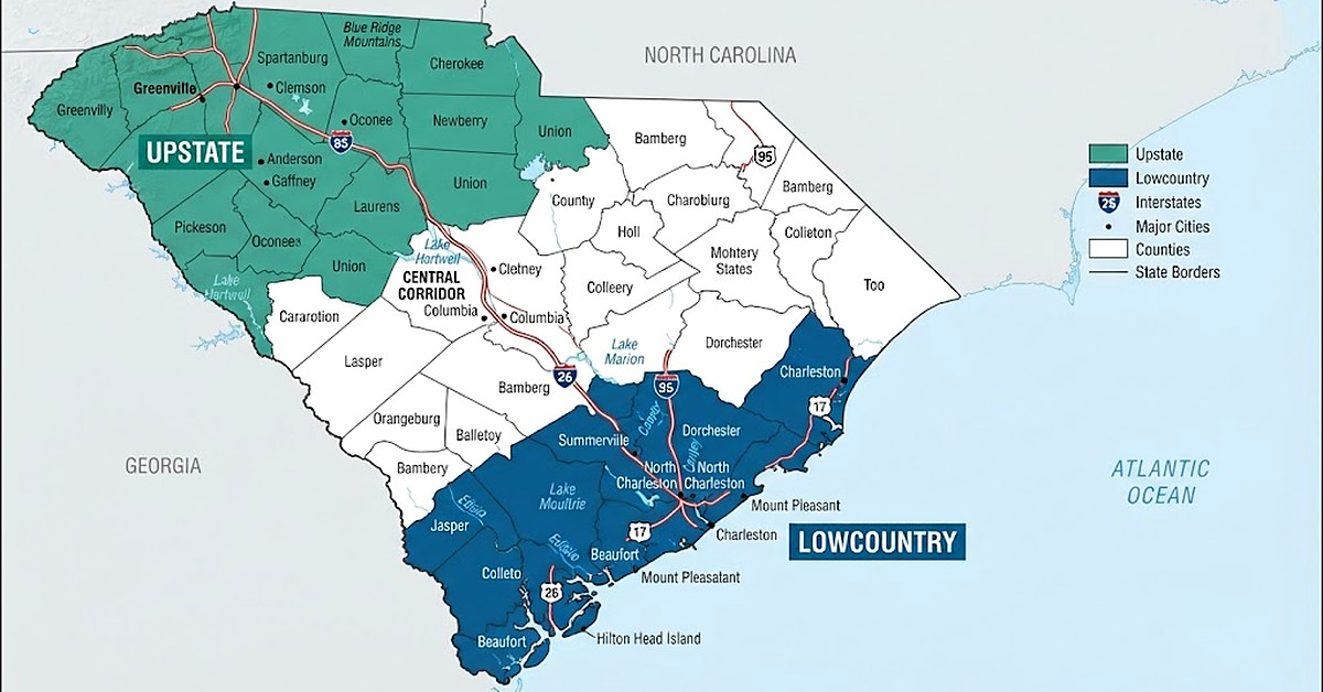 Map of South Carolina showing Integrity Contracting Solutions service areas in the Lowcountry and Upstate